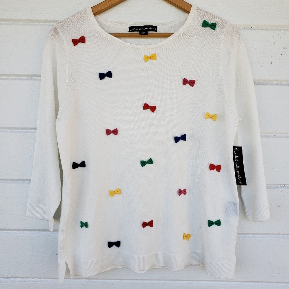 Scoop Crew Neck Pullover Sweater Bow Detail White